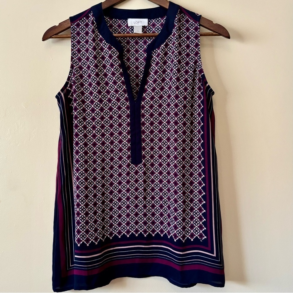 LOFT|Blue Purple White Sleeveless Tunic Side Slit Blouse w/Mandarin Collar Sz XS